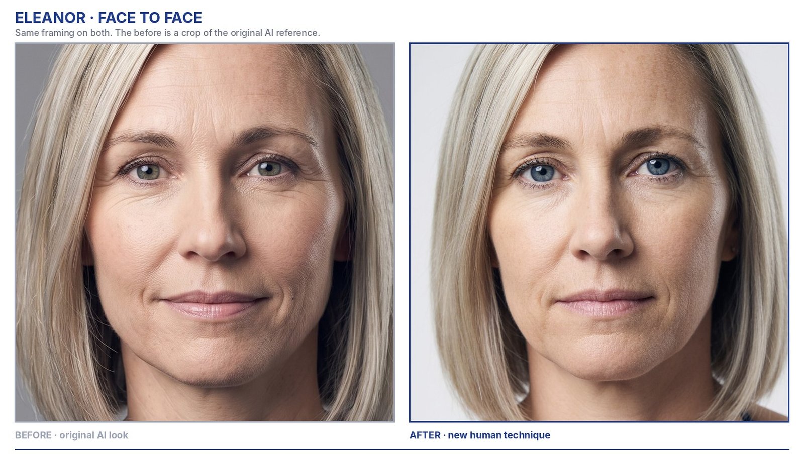 Eleanor face close-up: original AI look beside the new human version