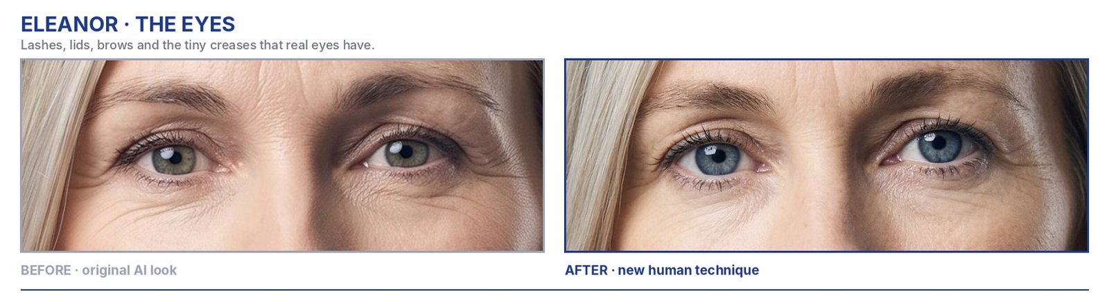 Eleanor eyes: original AI look beside the new human version