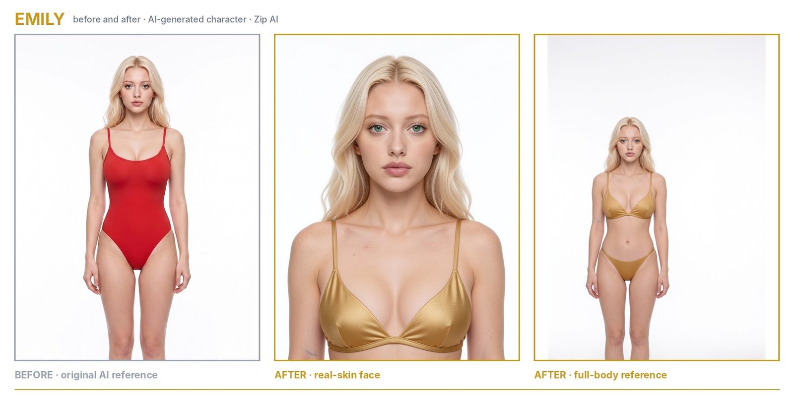 AI character Emily: original AI reference, then the new real-skin face and full-body reference