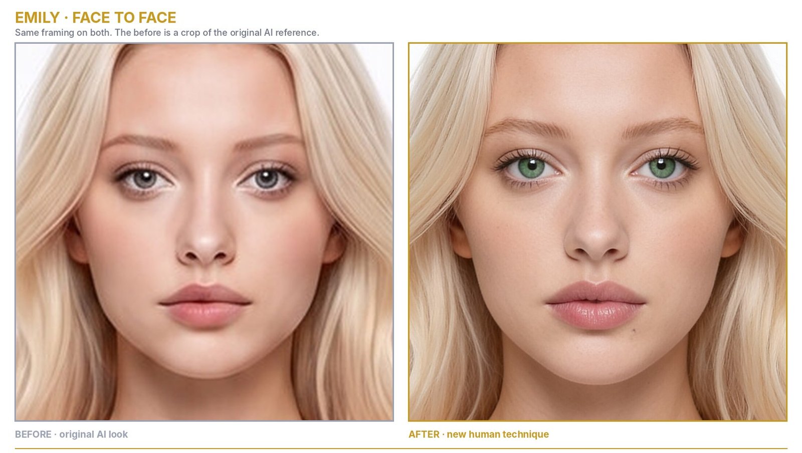 Emily face close-up: original AI look beside the new human version