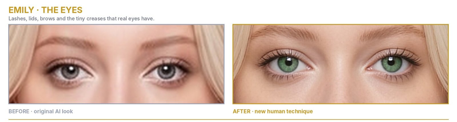 Emily eyes: original AI look beside the new human version