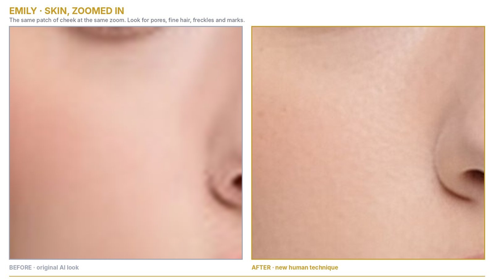 Emily skin zoomed in: original AI look beside the new human version