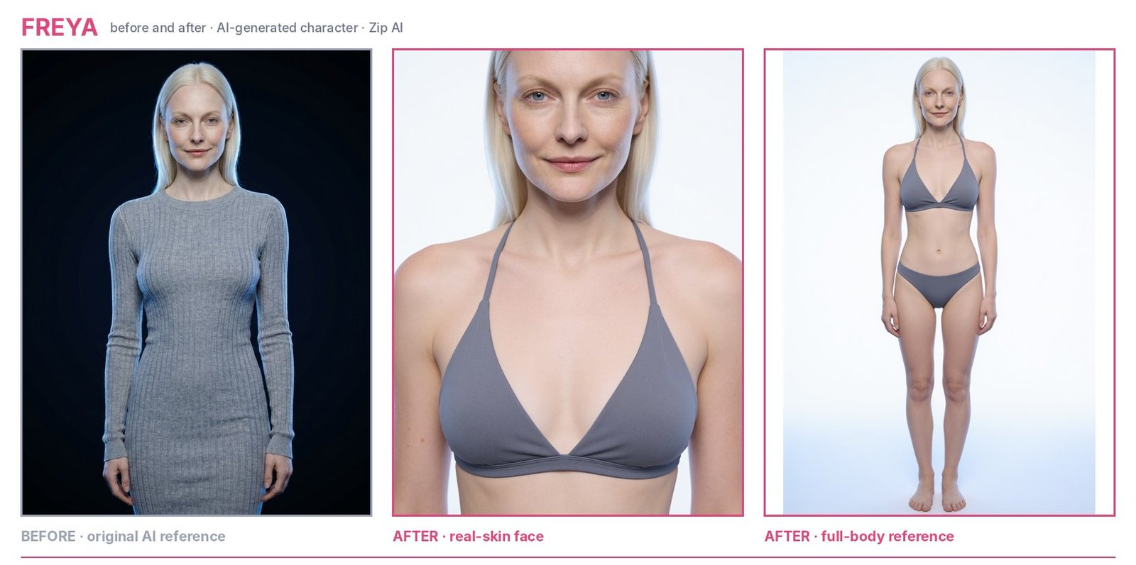 AI character Freya: original AI reference, then the new real-skin face and full-body reference