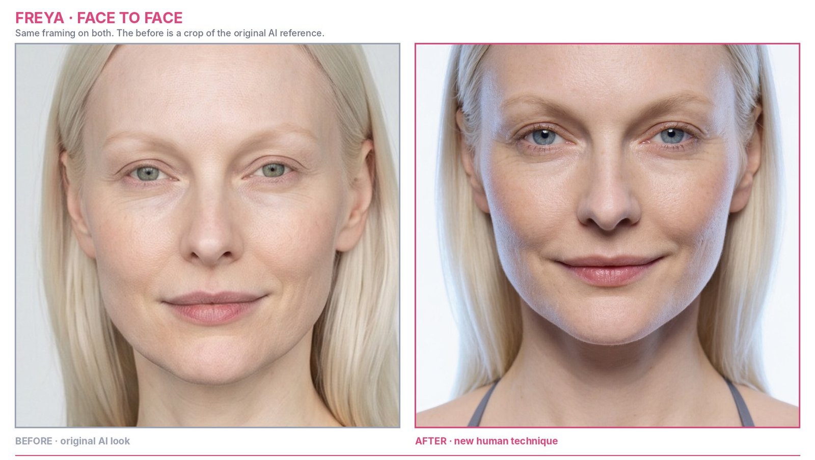 Freya face close-up: original AI look beside the new human version