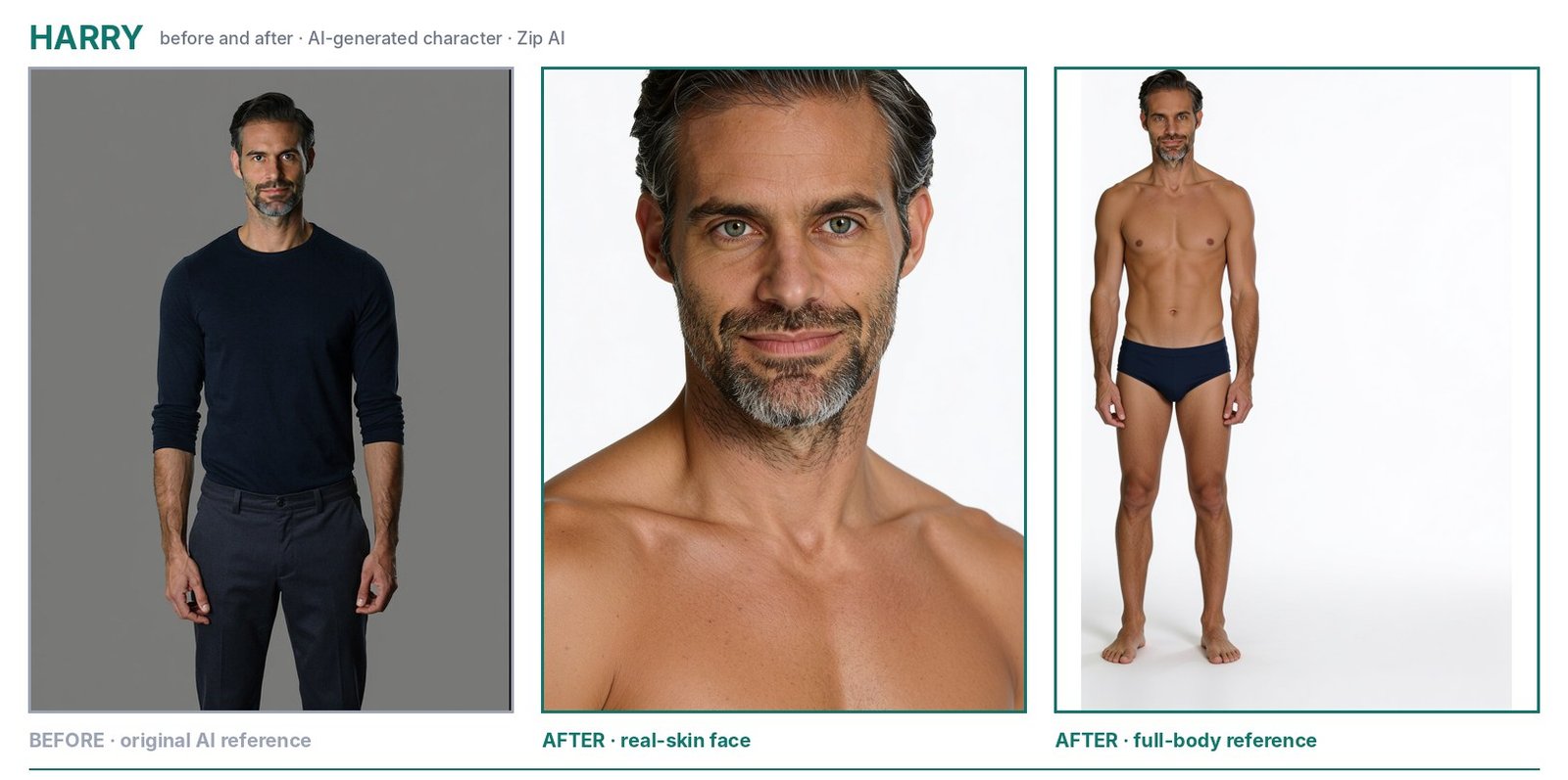 AI character Harry: original AI reference, then the new real-skin face and full-body reference