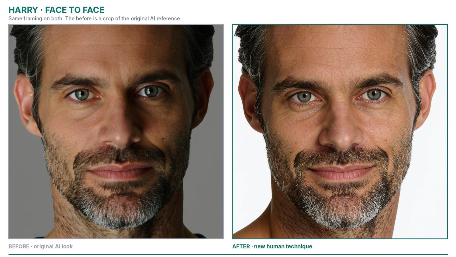 Harry face close-up: original AI look beside the new human version