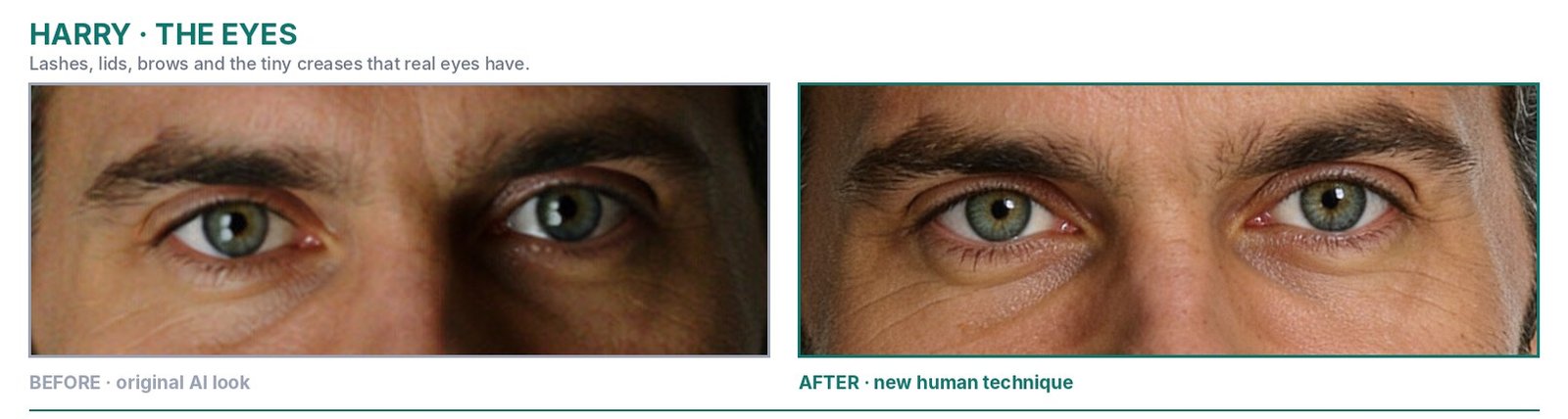 Harry eyes: original AI look beside the new human version