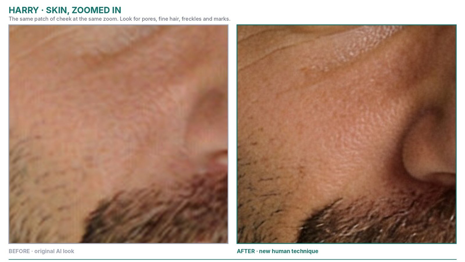 Harry skin zoomed in: original AI look beside the new human version