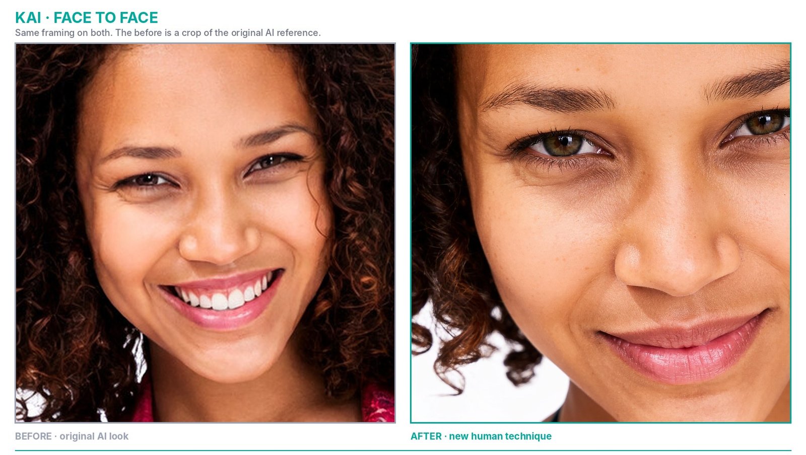Kai face close-up: original AI look beside the new human version