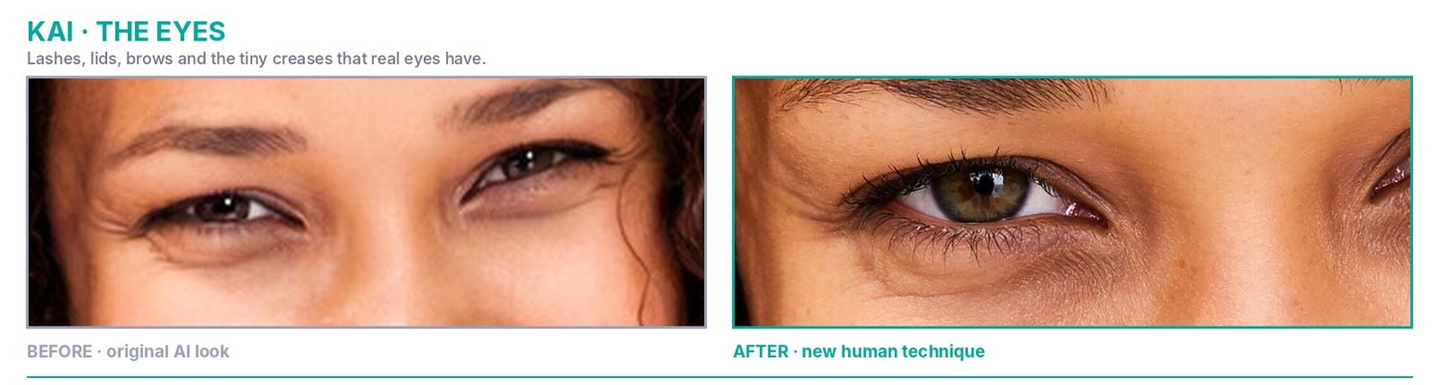Kai eyes: original AI look beside the new human version