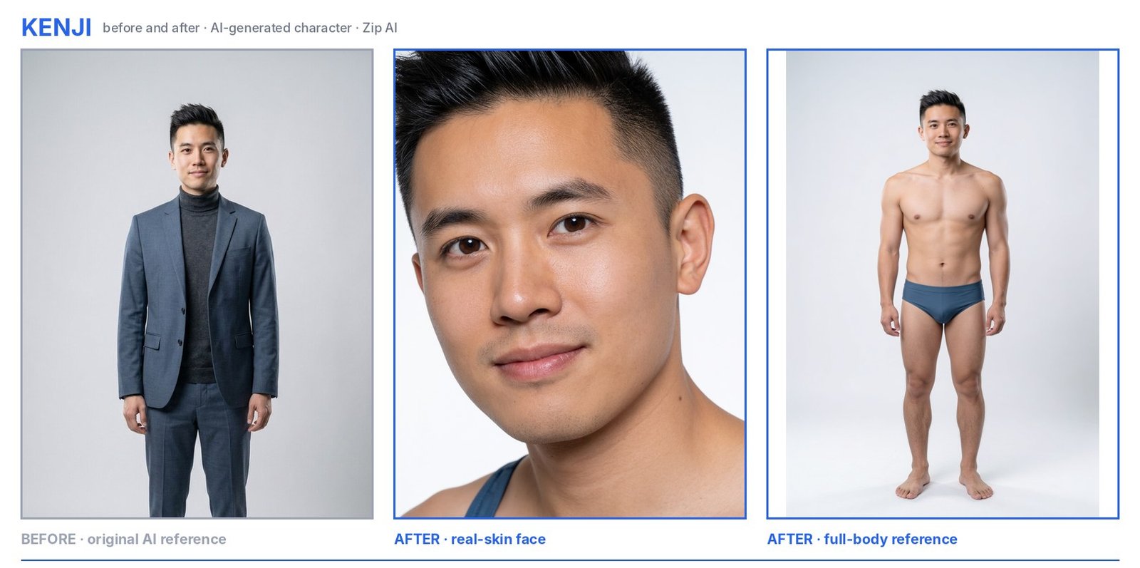 AI character Kenji: original AI reference, then the new real-skin face and full-body reference