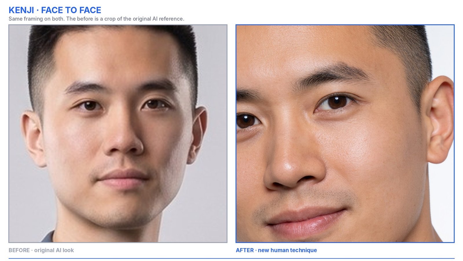 Kenji face close-up: original AI look beside the new human version