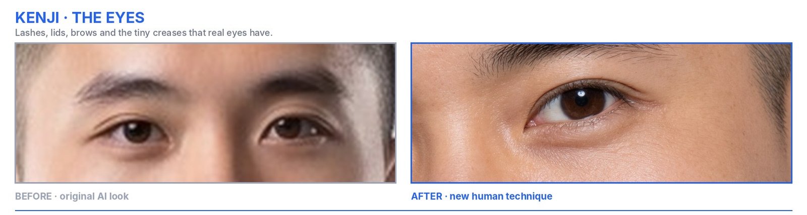Kenji eyes: original AI look beside the new human version