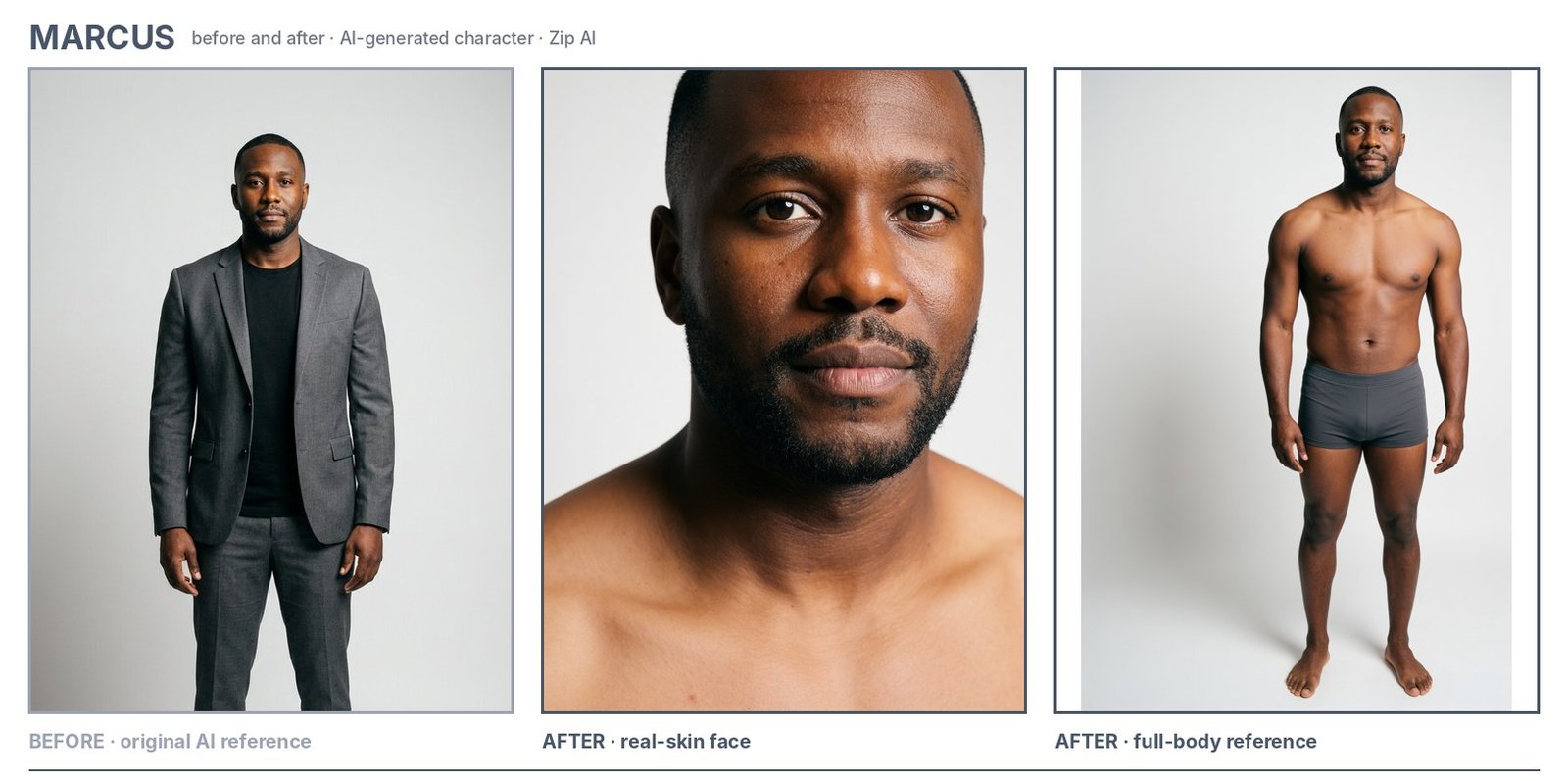 AI character Marcus: original AI reference, then the new real-skin face and full-body reference