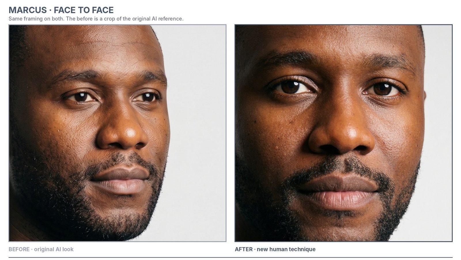 Marcus face close-up: original AI look beside the new human version