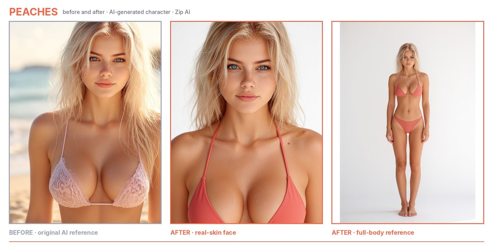 AI character Peaches: original AI reference, then the new real-skin face and full-body reference