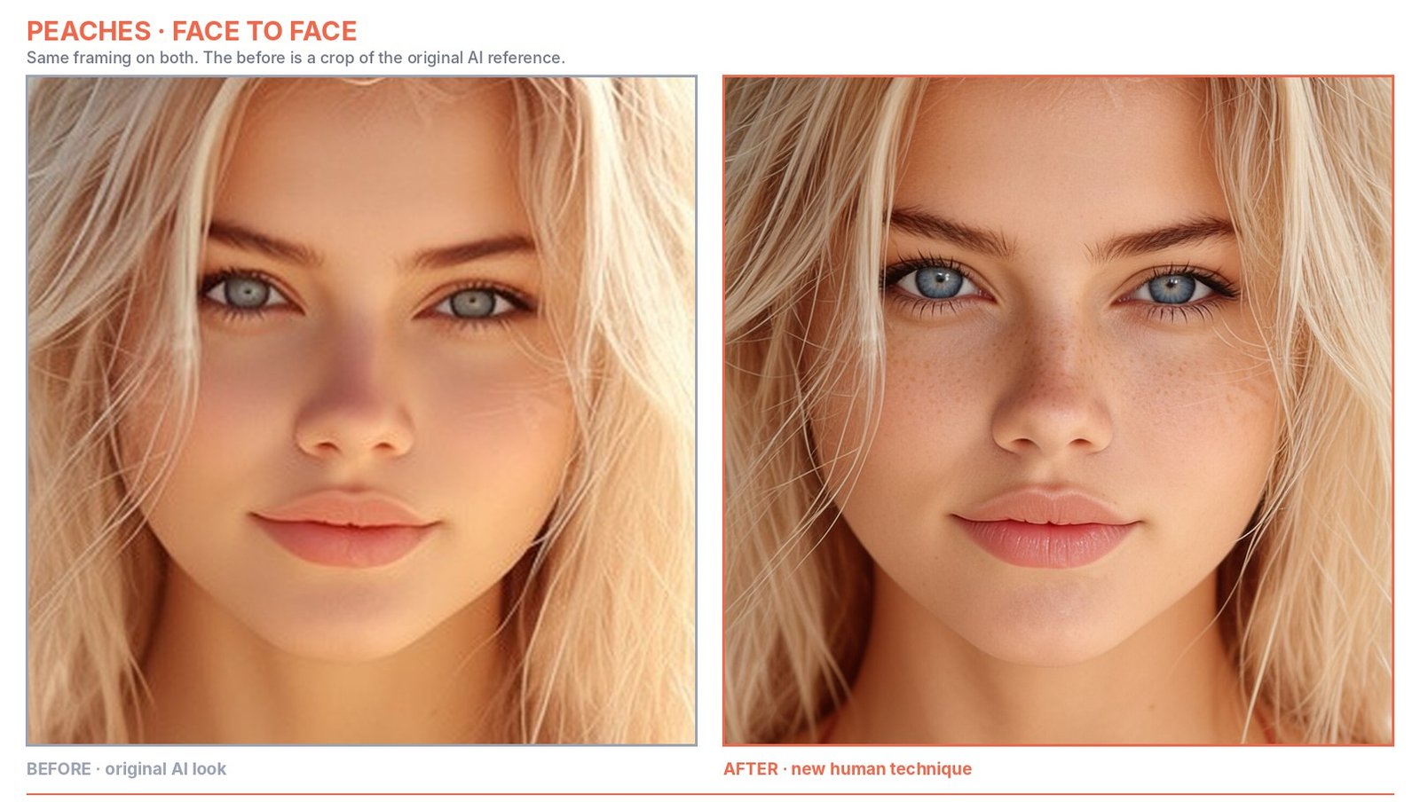 Peaches face close-up: original AI look beside the new human version