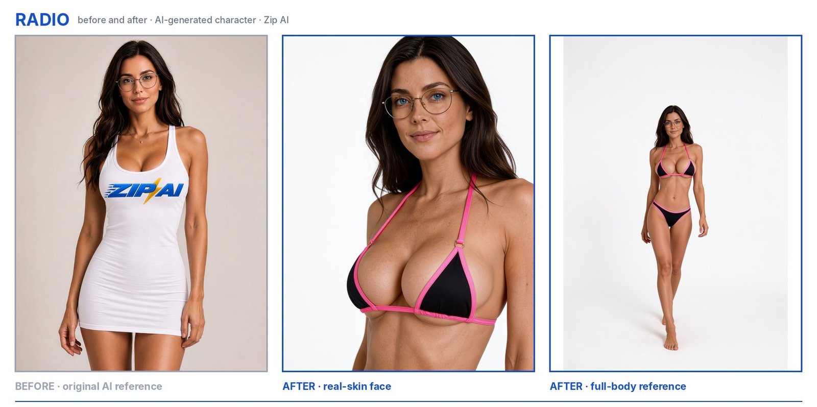 AI character Radio: original AI reference, then the new real-skin face and full-body reference