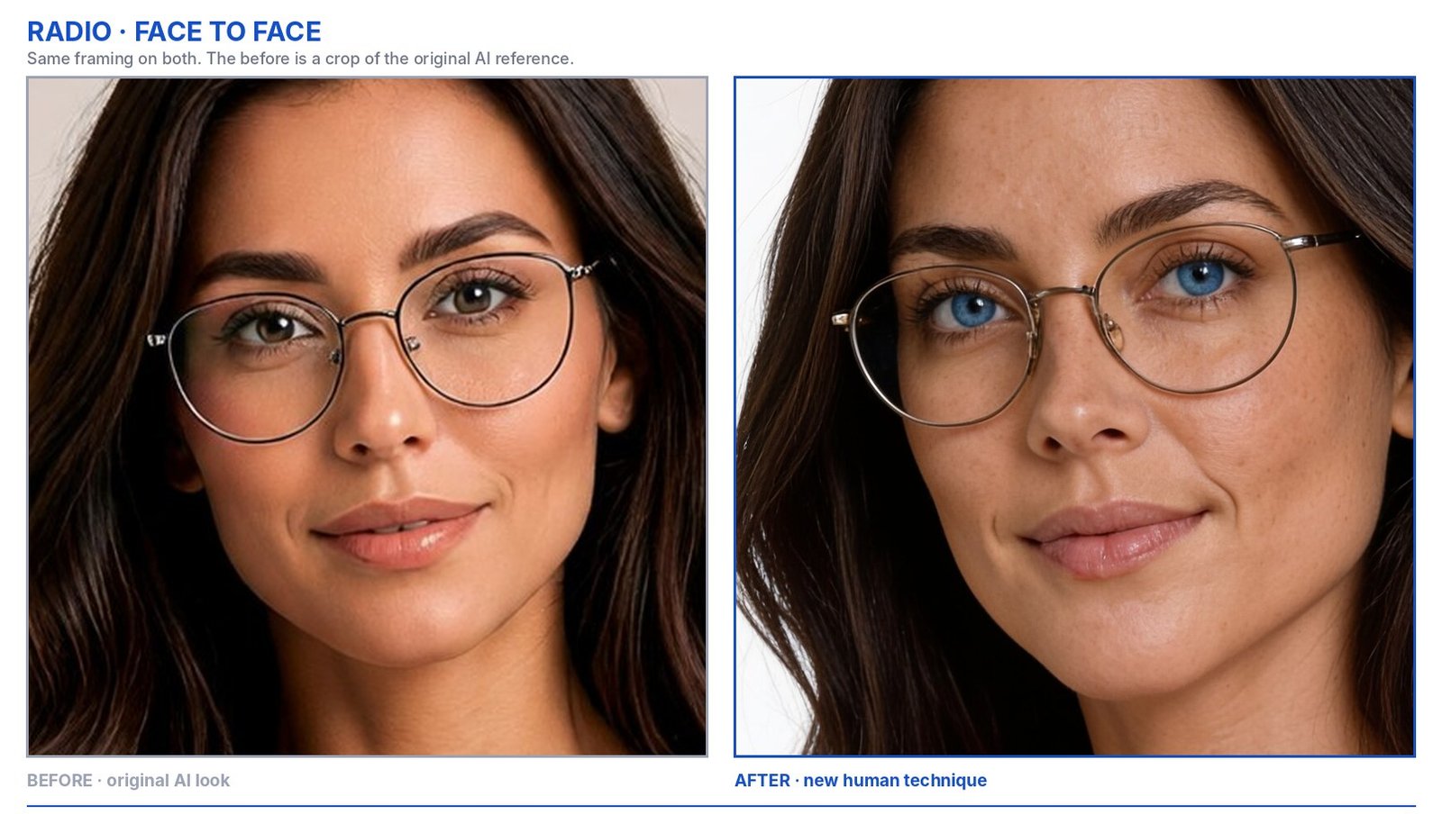 Radio face close-up: original AI look beside the new human version