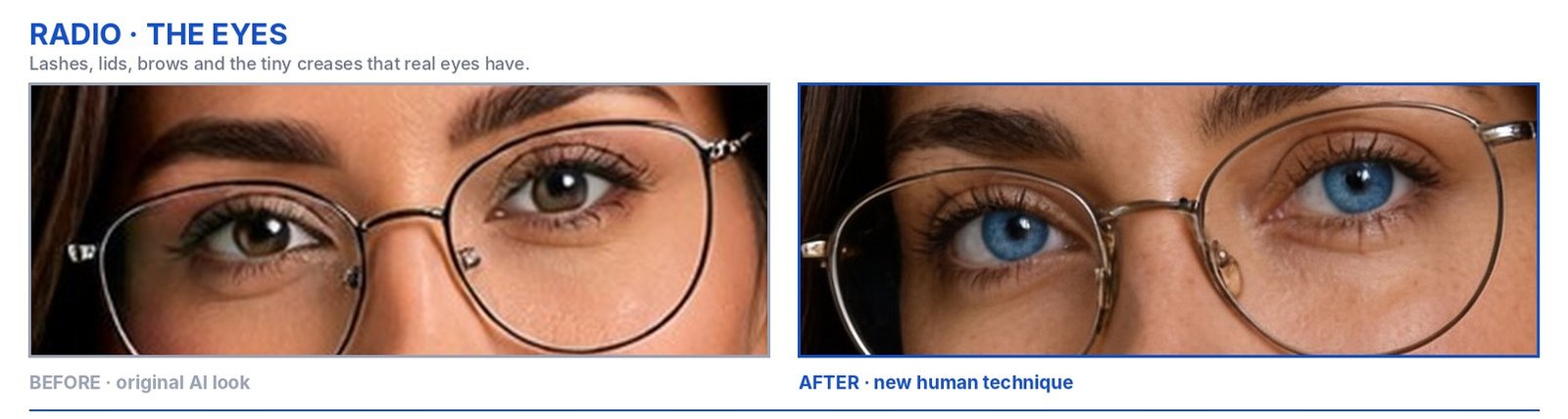 Radio eyes: original AI look beside the new human version