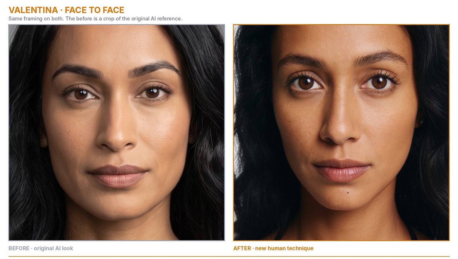 Valentina face close-up: original AI look beside the new human version