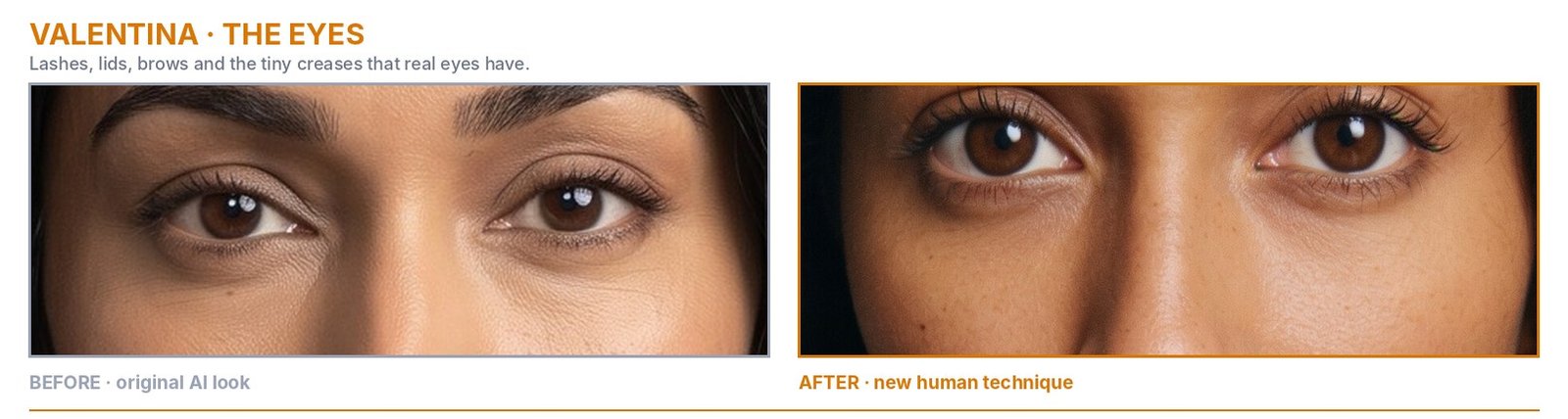 Valentina eyes: original AI look beside the new human version