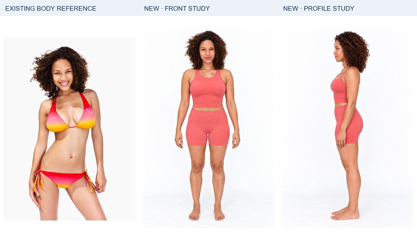 Kai: existing body authority, new frontal study and new profile. Panels are resized independently for display; they do not establish relative height or exact dimensions.