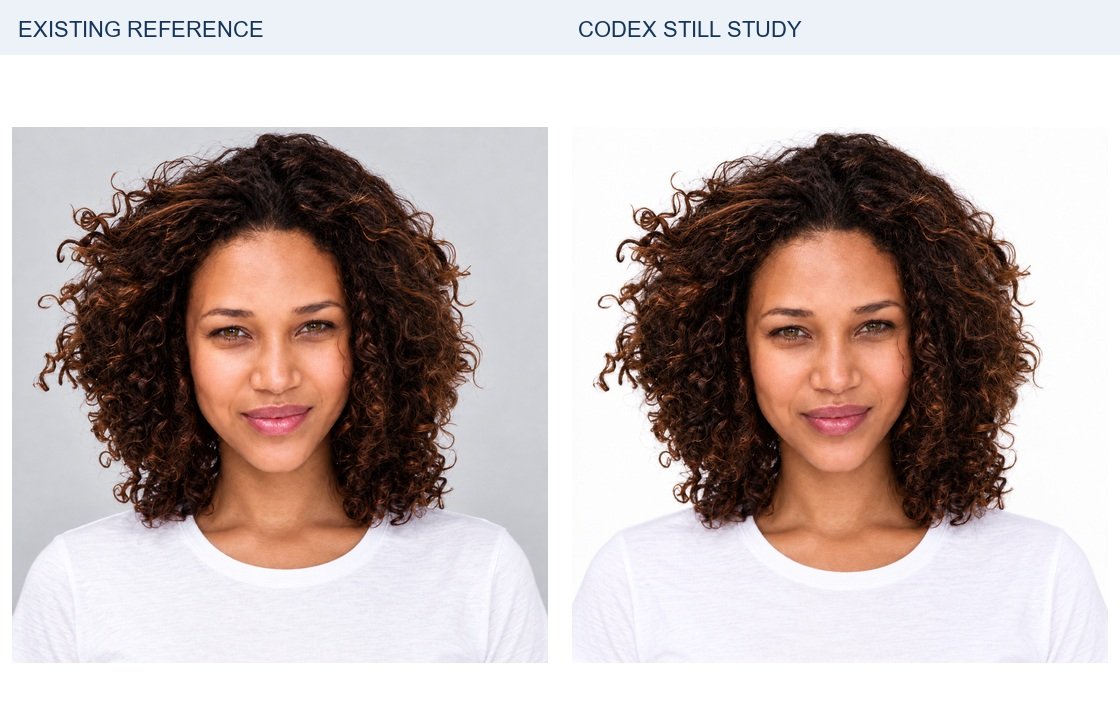 Kai: existing identity reference left; new Codex portrait right. Source crops are proportionally resized for display; a small source crop cannot reveal detail the original never contained. Clothing, lighting and framing differ. Neither side receives extra sharpening or retouching.