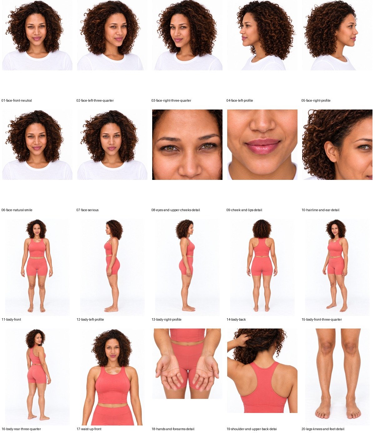 Kai: all twenty individual selected outputs. The sheet is a derived layout; clothing coverage and identity imperfections remain visible.