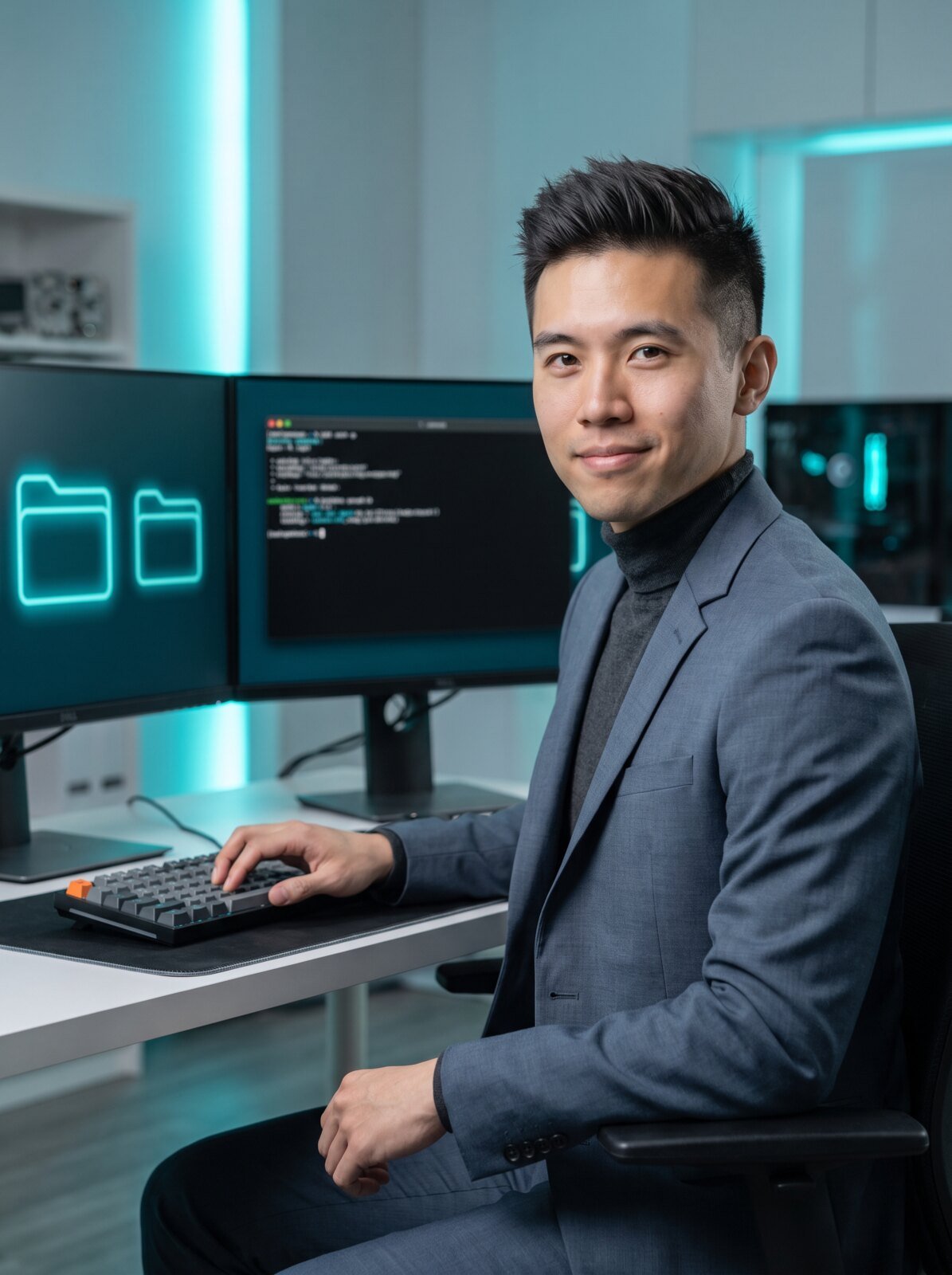Kenji at a workstation with folders and a terminal
