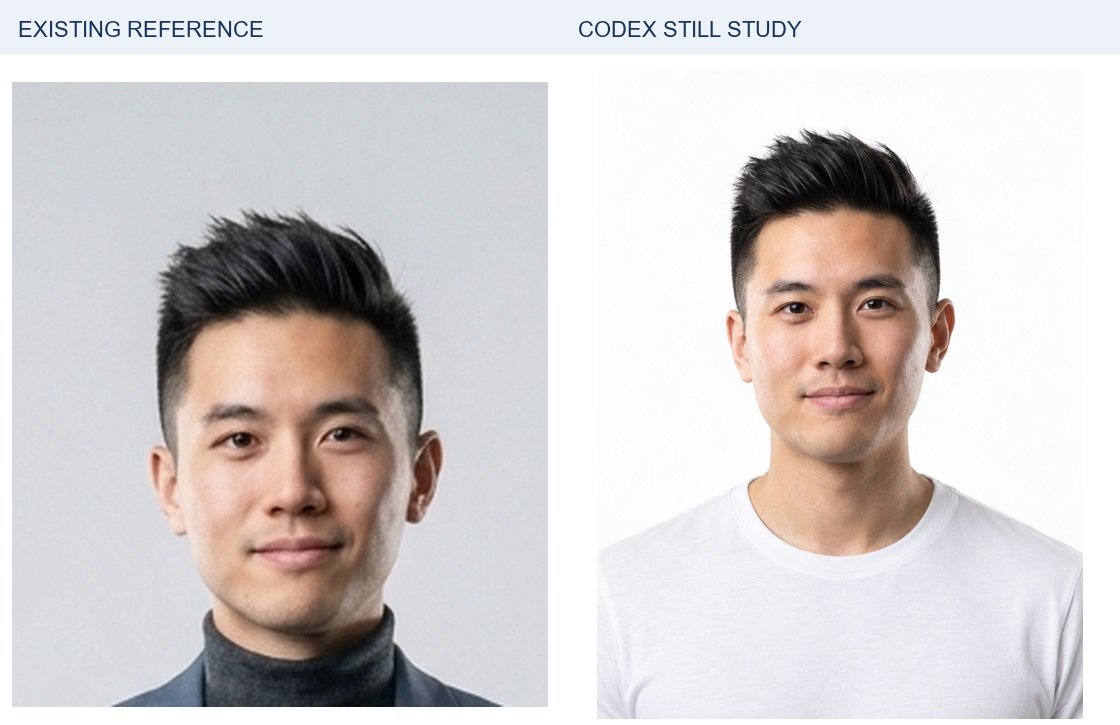 Kenji: existing identity reference left; new Codex portrait right. Source crops are proportionally resized for display; a small source crop cannot reveal detail the original never contained. Clothing, lighting and framing differ. Neither side receives extra sharpening or retouching.