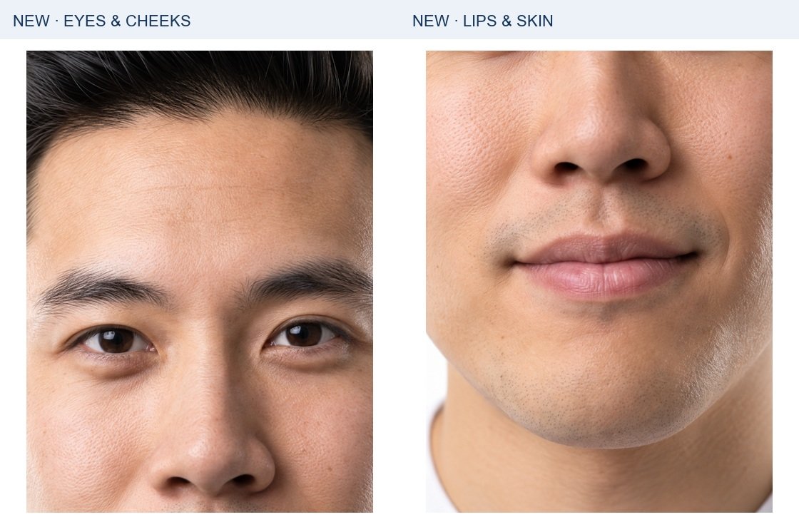 Kenji: independently generated eye/cheek and mouth/skin studies. These show rendered detail, not a magnification test of the original source.