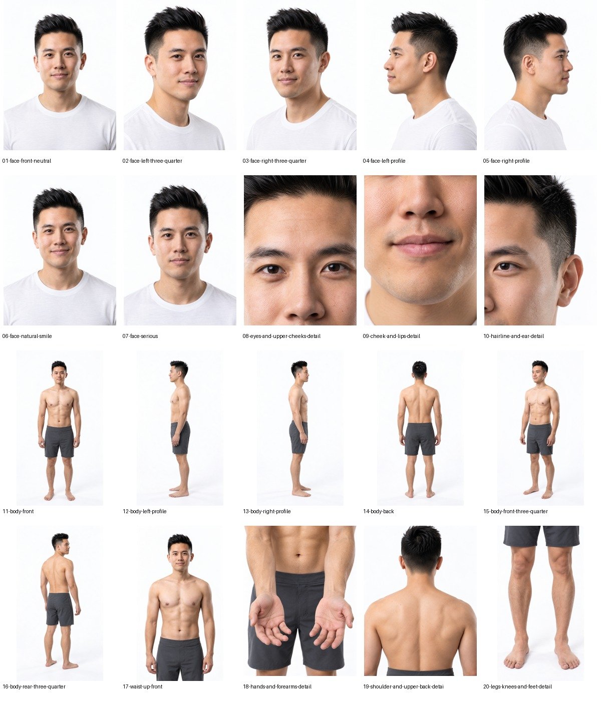 Kenji: all twenty individual selected outputs. The sheet is a derived layout; clothing coverage and identity imperfections remain visible.