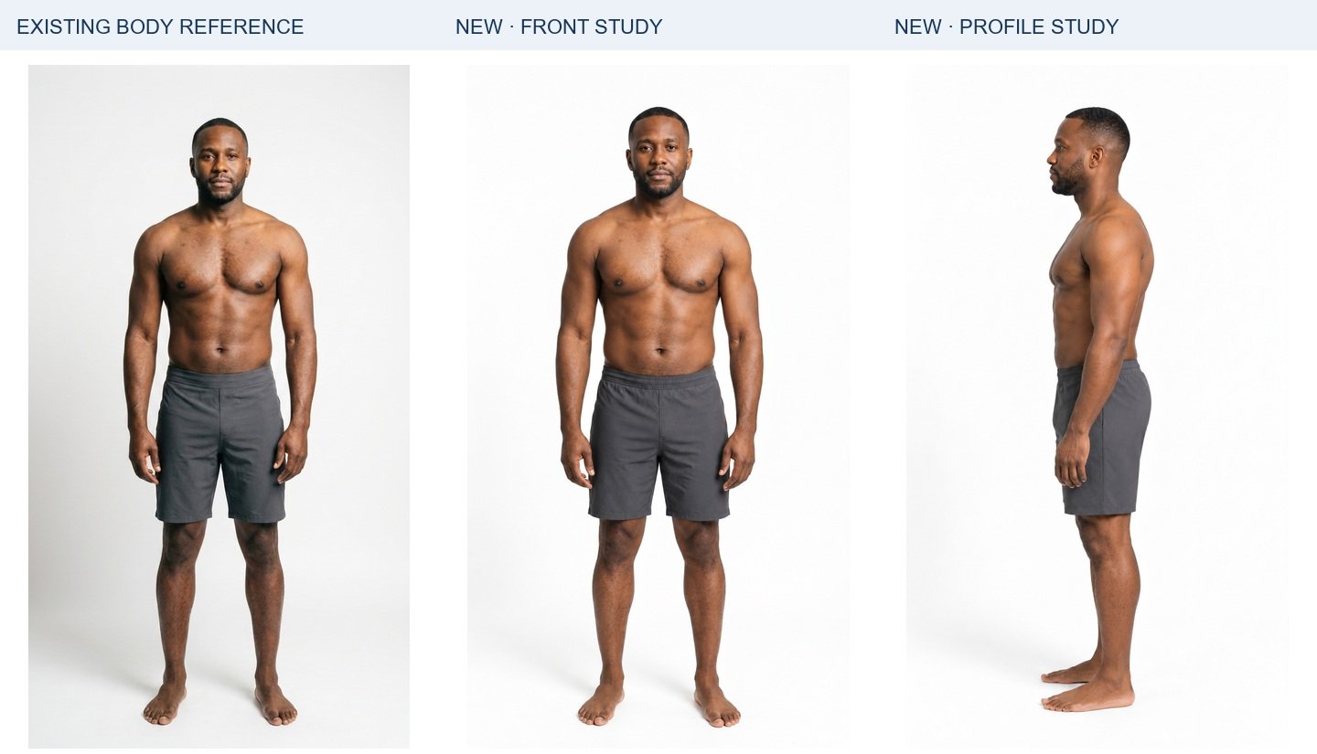 Marcus: existing body authority, new frontal study and new profile. Panels are resized independently for display; they do not establish relative height or exact dimensions.