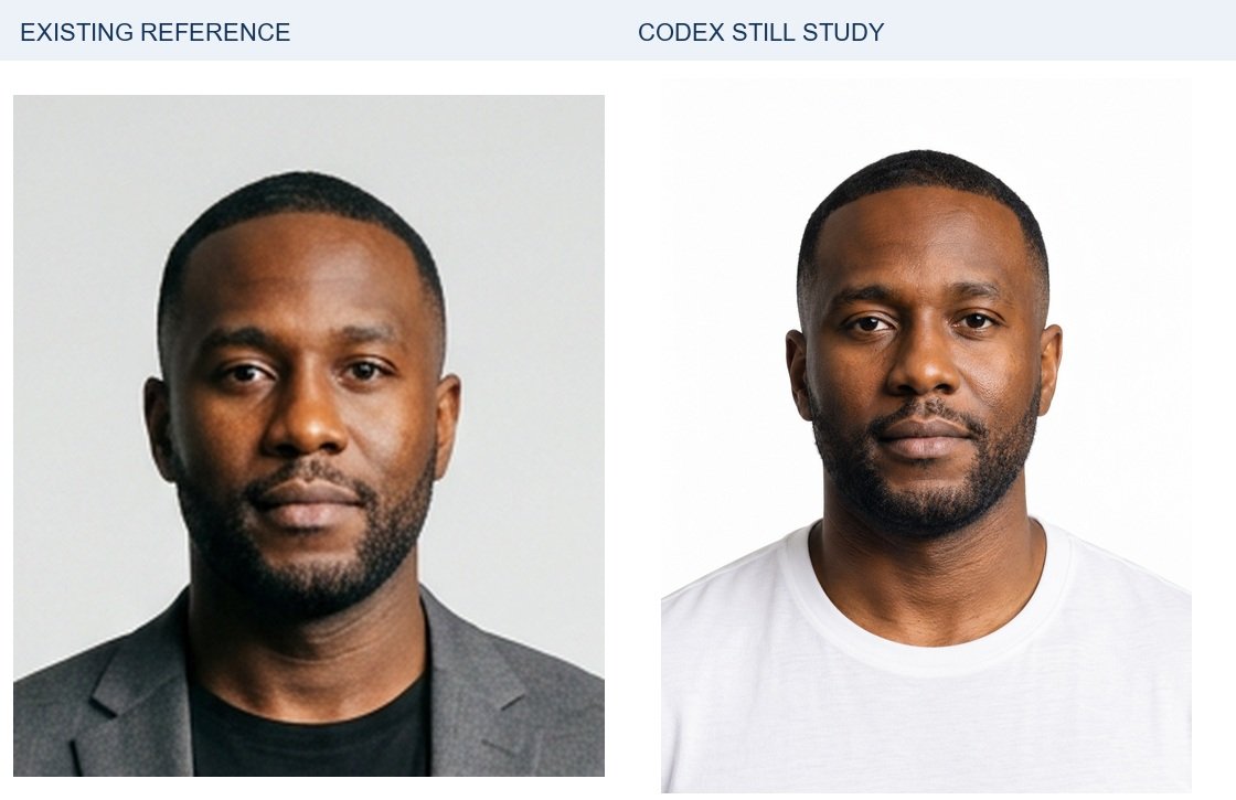 Marcus: existing identity reference left; new Codex portrait right. Source crops are proportionally resized for display; a small source crop cannot reveal detail the original never contained. Clothing, lighting and framing differ. Neither side receives extra sharpening or retouching.