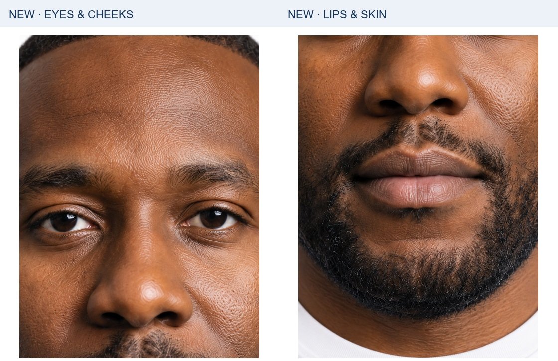 Marcus: independently generated eye/cheek and mouth/skin studies. These show rendered detail, not a magnification test of the original source.