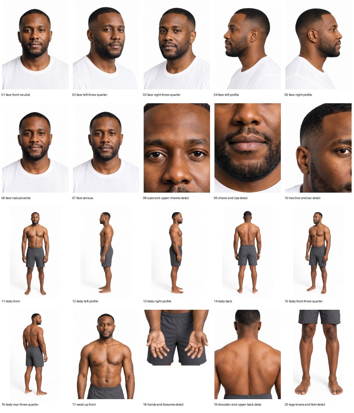 Marcus: all twenty individual selected outputs. The sheet is a derived layout; clothing coverage and identity imperfections remain visible.