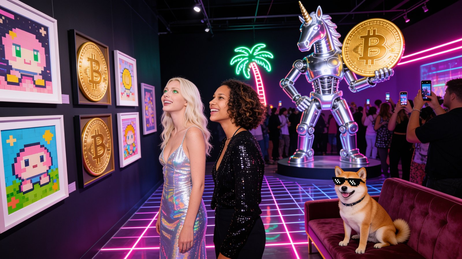 Emily and Kai at a neon meme-art gallery night with a chrome unicorn sculpture (AI-generated)