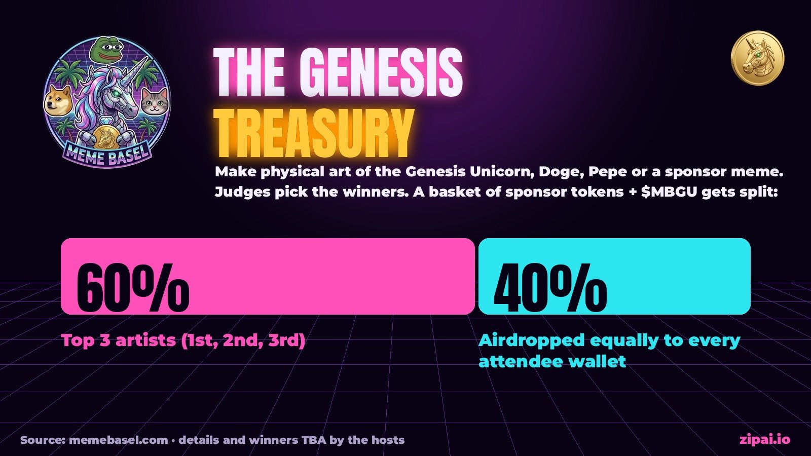 Genesis Treasury split: 60% to the top 3 artists, 40% airdropped to every attendee wallet