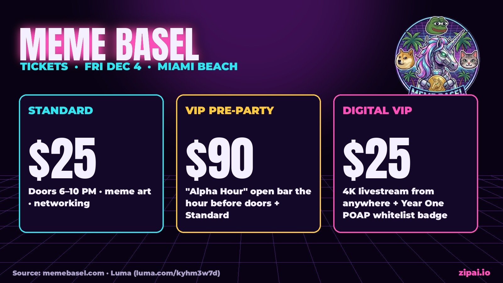 Meme Basel tickets: Standard $25, VIP Pre-Party $90, Digital VIP $25