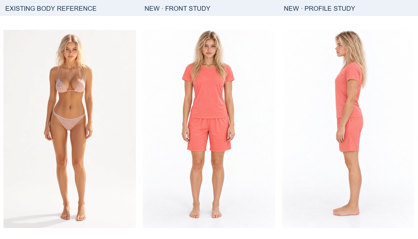 Peaches: existing body authority, new frontal study and new profile. Panels are resized independently for display; they do not establish relative height or exact dimensions.