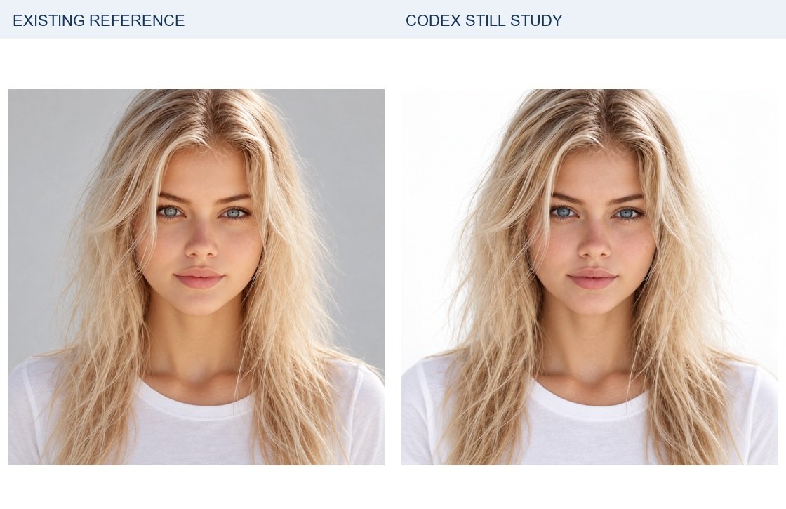Peaches: existing identity reference left; new Codex portrait right. Source crops are proportionally resized for display; a small source crop cannot reveal detail the original never contained. Clothing, lighting and framing differ. Neither side receives extra sharpening or retouching.