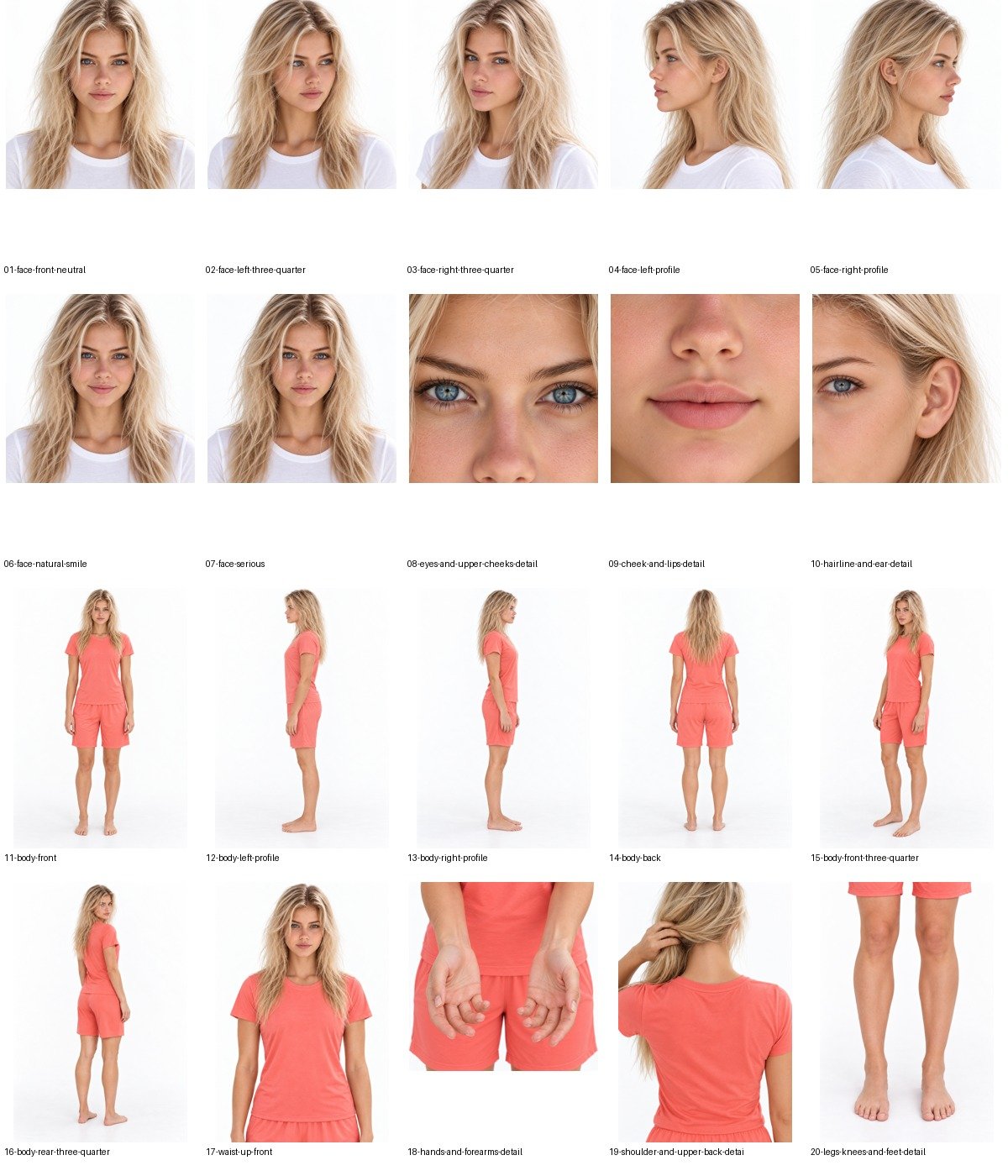 Peaches: all twenty individual selected outputs. The sheet is a derived layout; clothing coverage and identity imperfections remain visible.