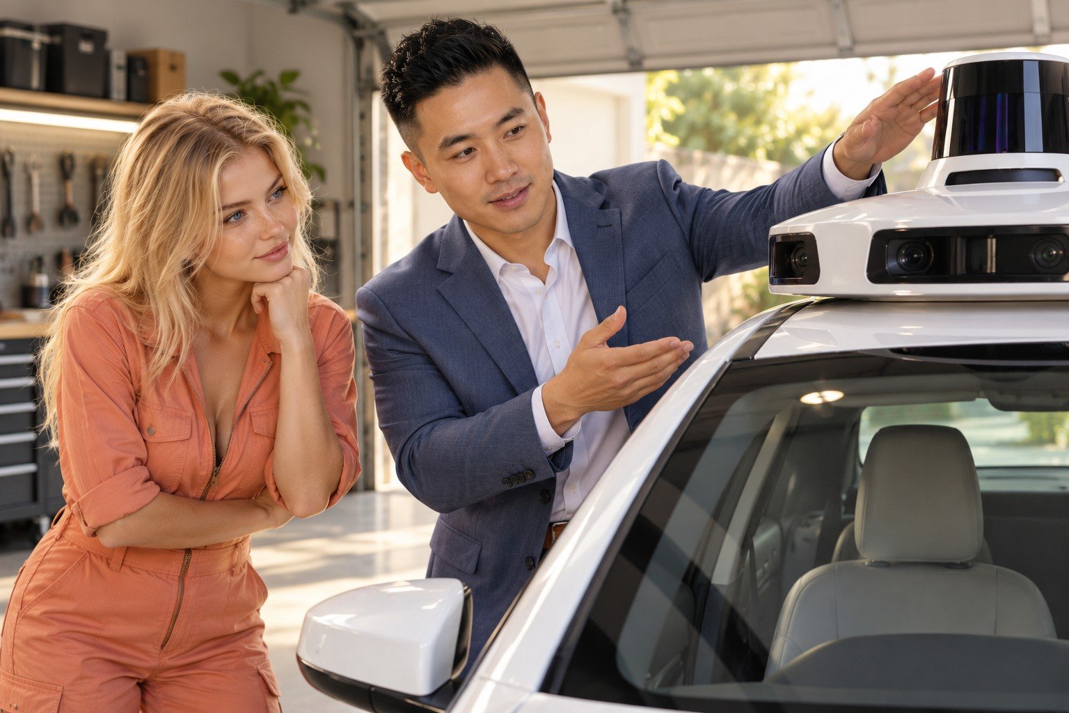 Peaches and Kenji examining an illustrative autonomous taxi