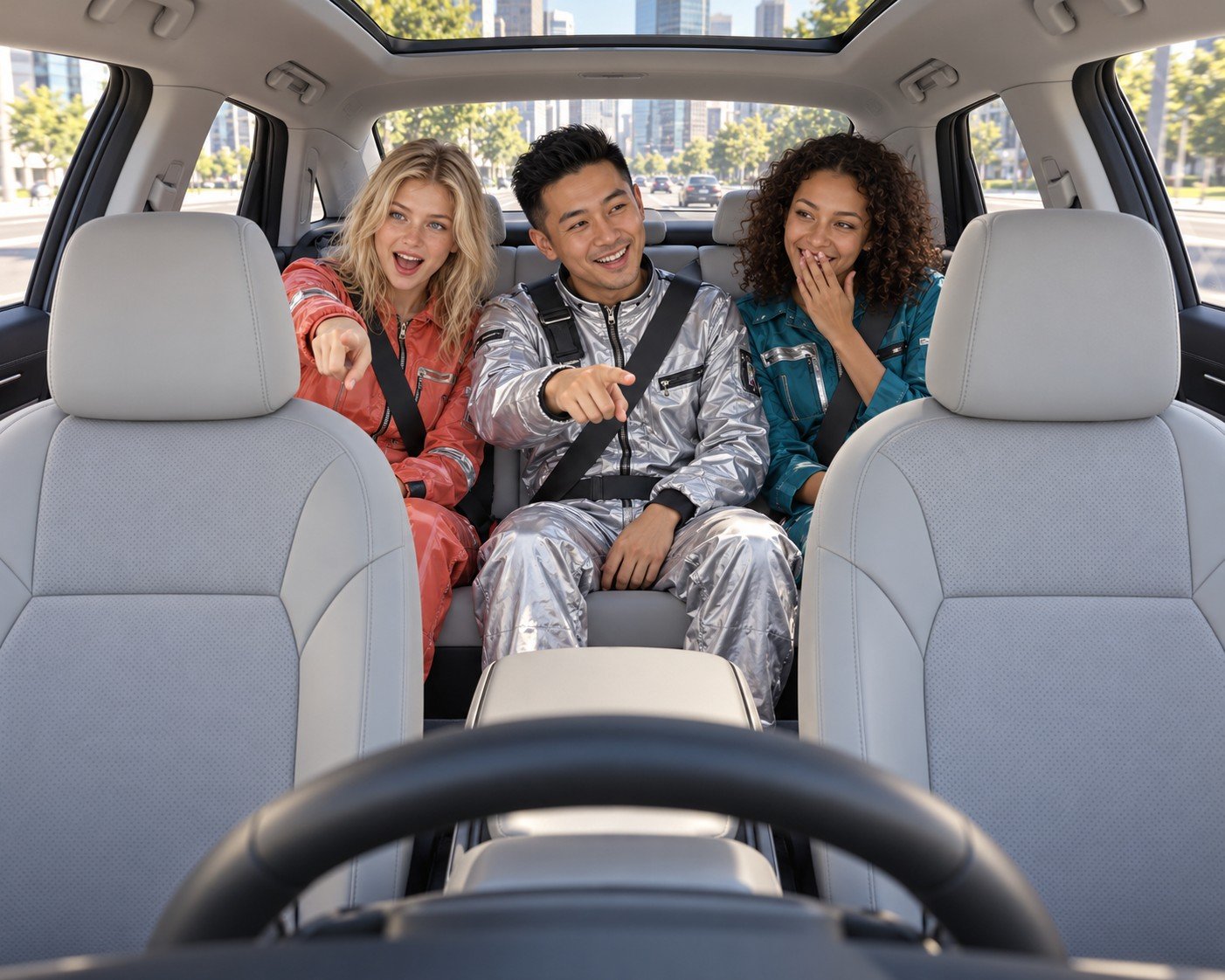 Space crew, zero pilot — AI-generated editorial illustration — occupied rear bench, empty front seats