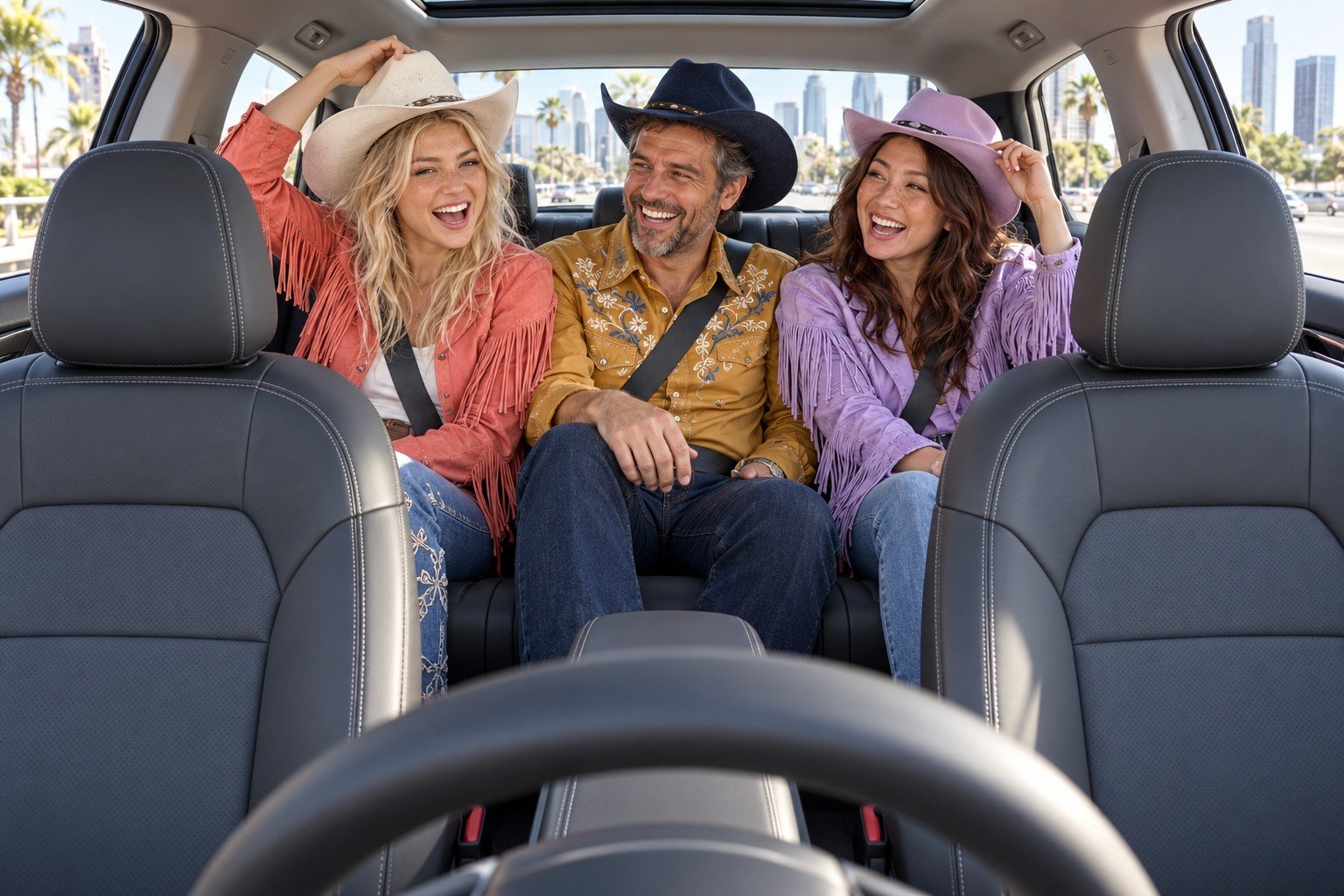 Cowgirl robotaxi rodeo — AI-generated editorial illustration — occupied rear bench, empty front seats