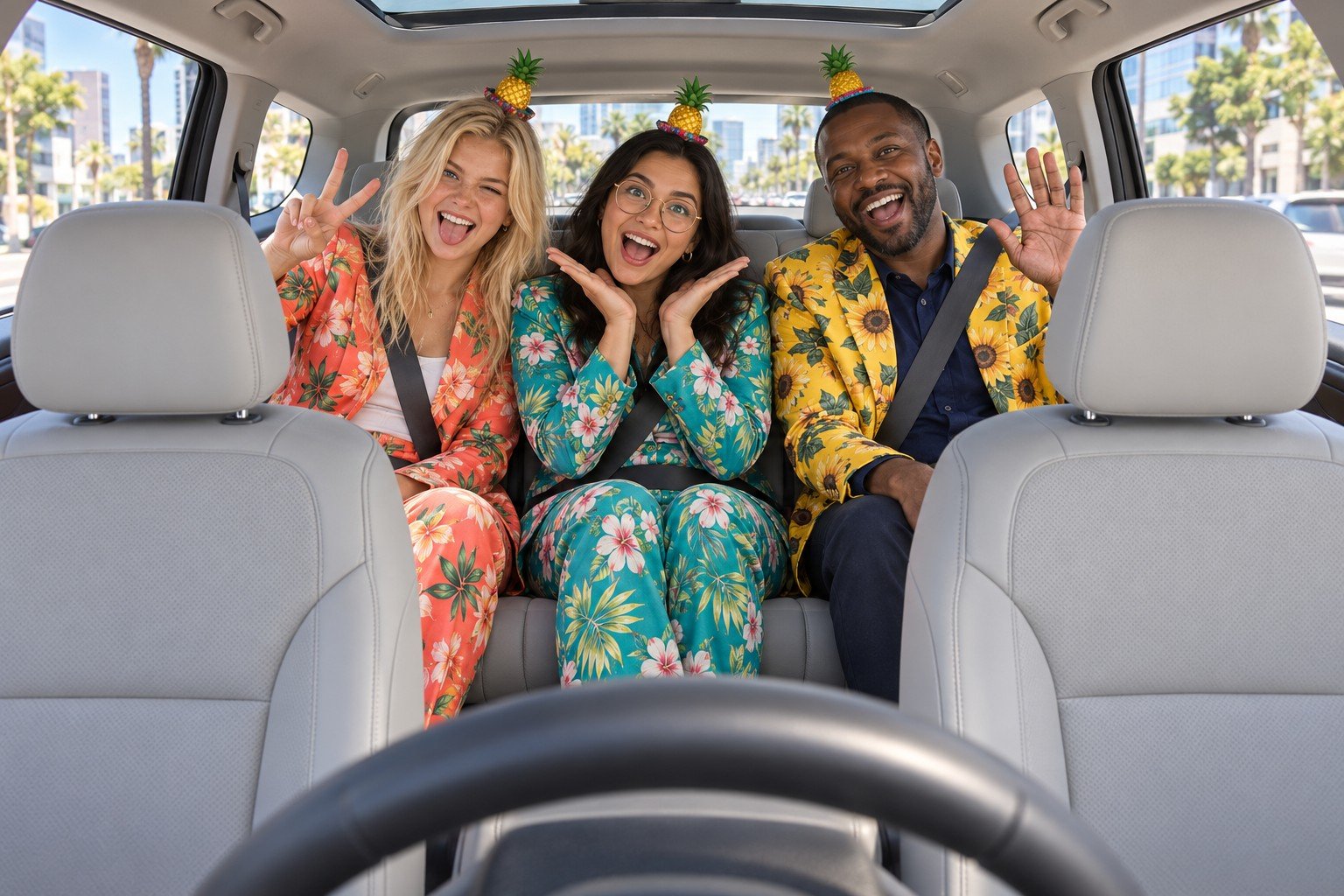 Tropical taxi party — AI-generated editorial illustration — occupied rear bench, empty front seats