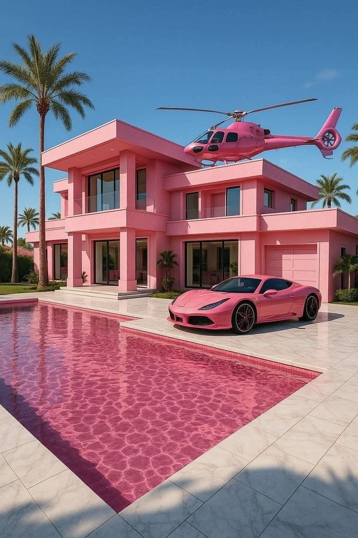 Pink mansion / rooftop helicopter · Archive visual direction only; never an identity reference