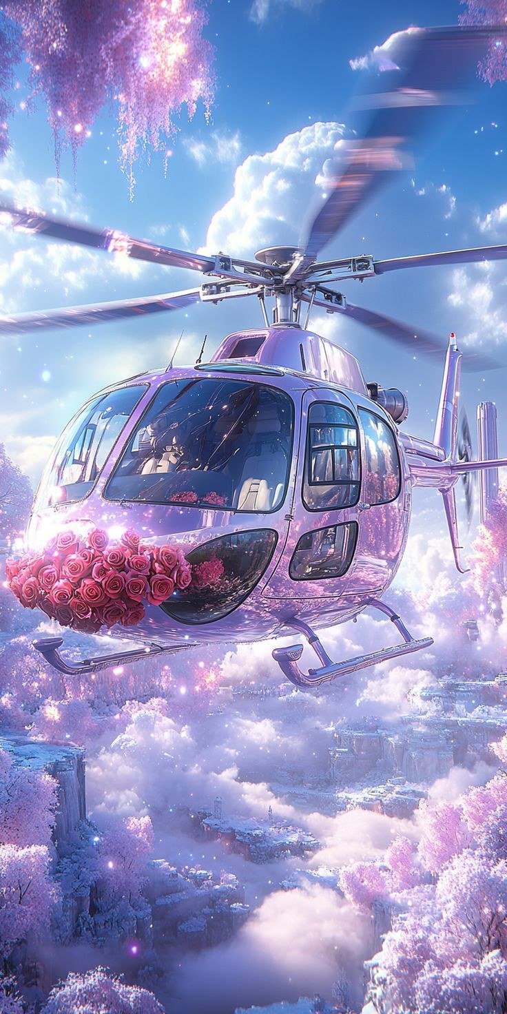 Pink helicopter / purple clouds · Archive visual direction only; never an identity reference