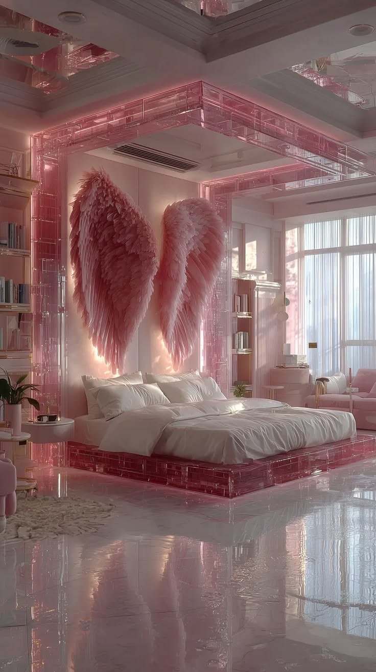Pink crystal bedroom · Archive visual direction only; never an identity reference
